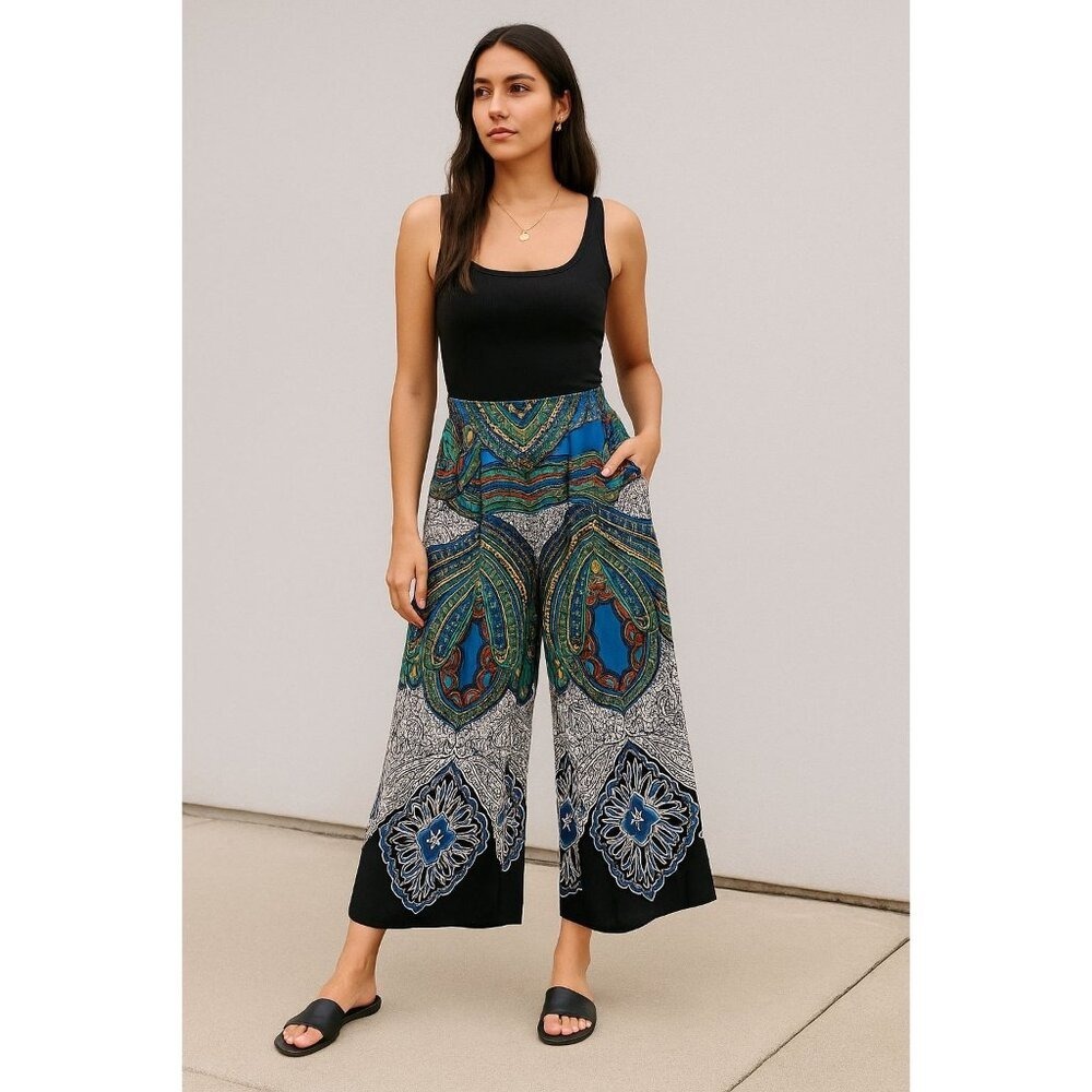Angie Pants Womens‎ Large Wide-Leg Paisley Festival Ready Free Spirited Fashion
